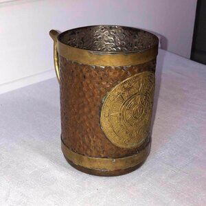 Vintage Aztec calendar hammered copper and brass tankard